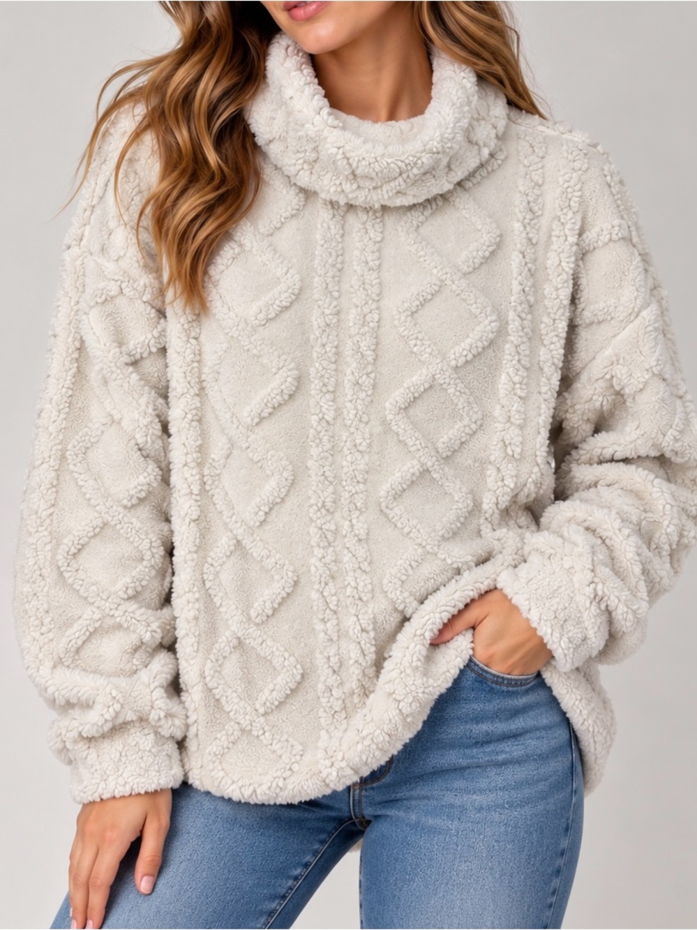 Eddie Bauer Cream Sherpa Fleece Cable Knit Cowl Neck Pullover Sweater (Size M)